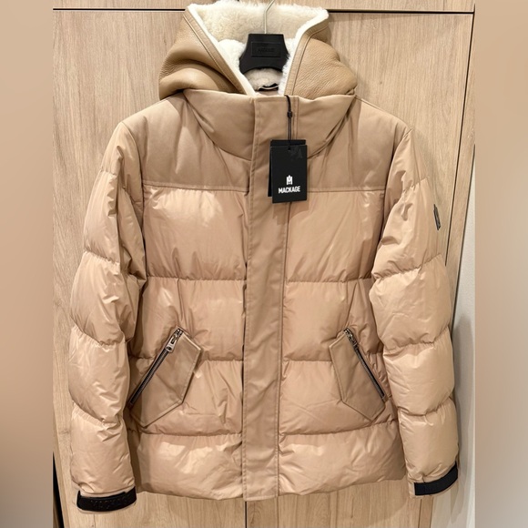NWTs Mackage Riley Hooded Shearling Down Jacket. Camel. Sz. 44 (XL) - Picture 1 of 16